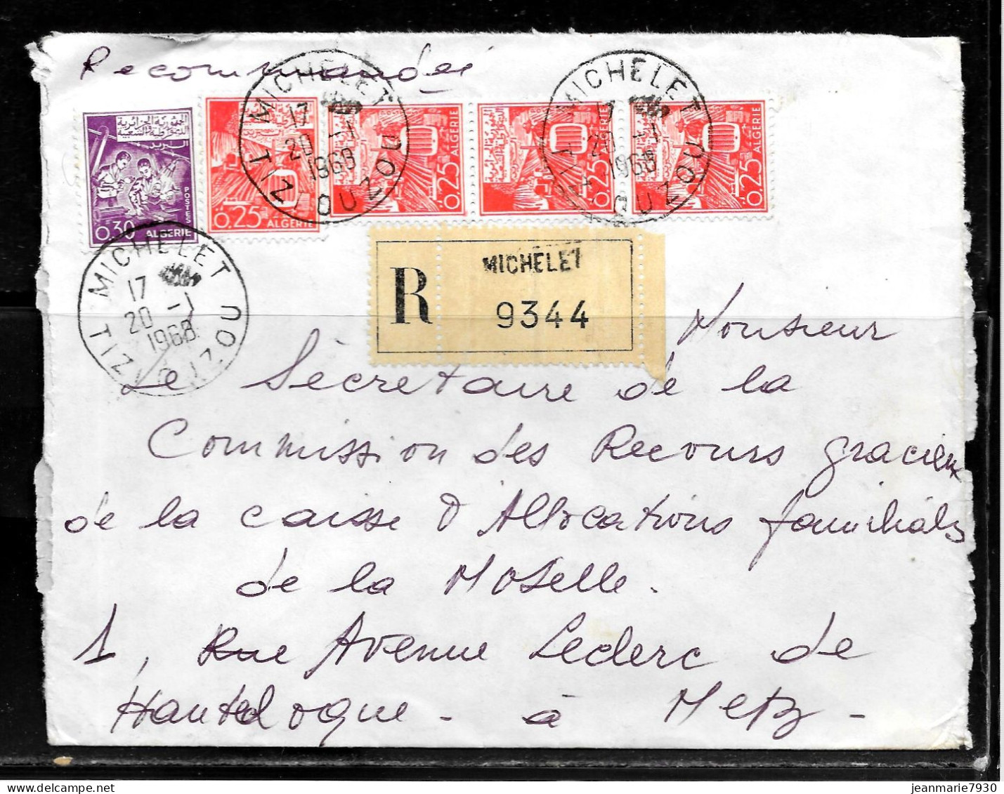 CC268 - ALGERIE - LETTRE RECOMMANDEE DE MICHELET TIZI OUZOU DE 1968 POUR METZ - Algeria (1962-...)