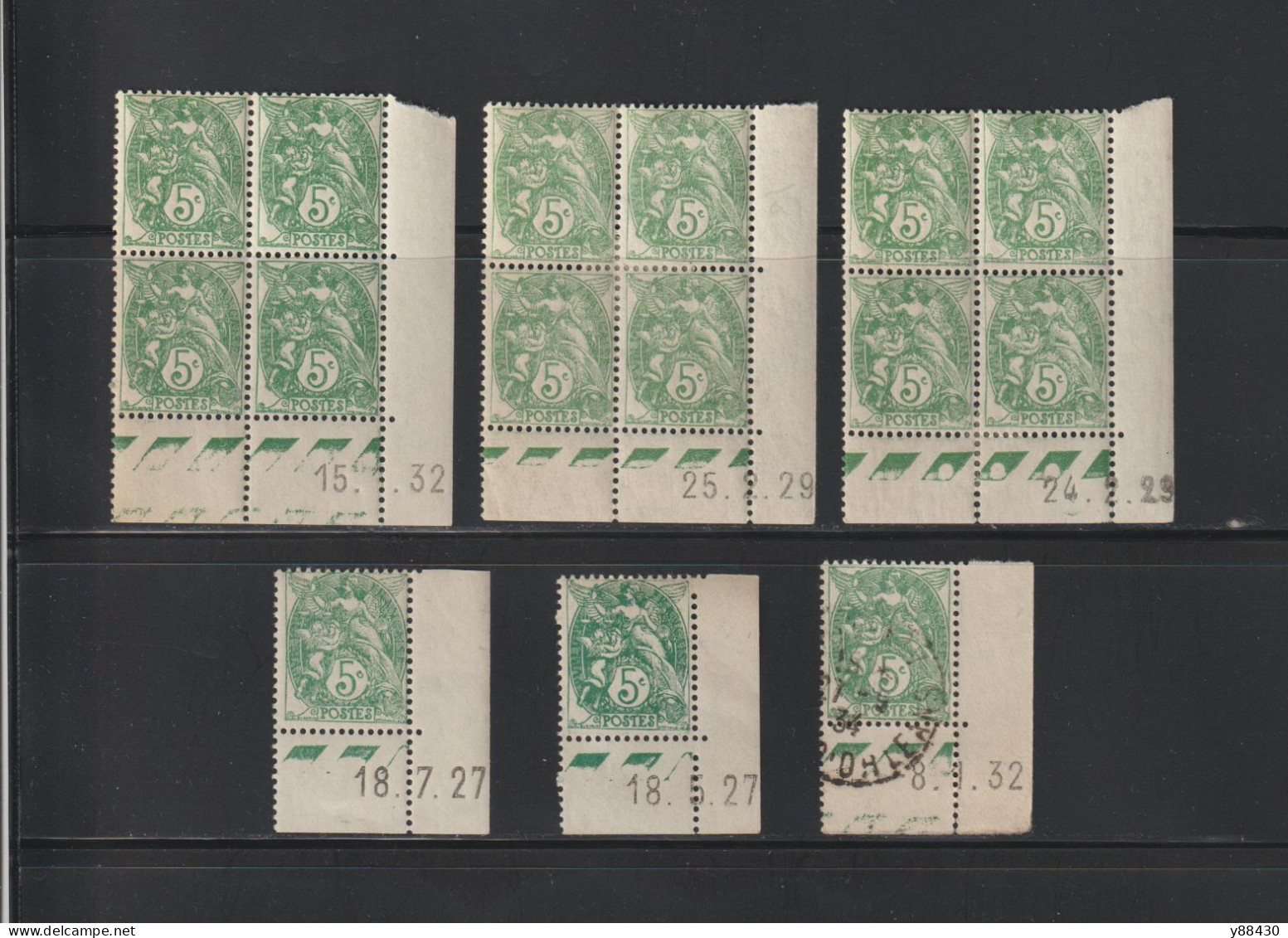 111 De 1900/1924 - Coin Daté - 3 Blocs De 4 + 3 Timb = 15 Timbres - Neufs ** / * / ø /  - Type Blanc . 5c. Vert - 2 Scan - ....-1929