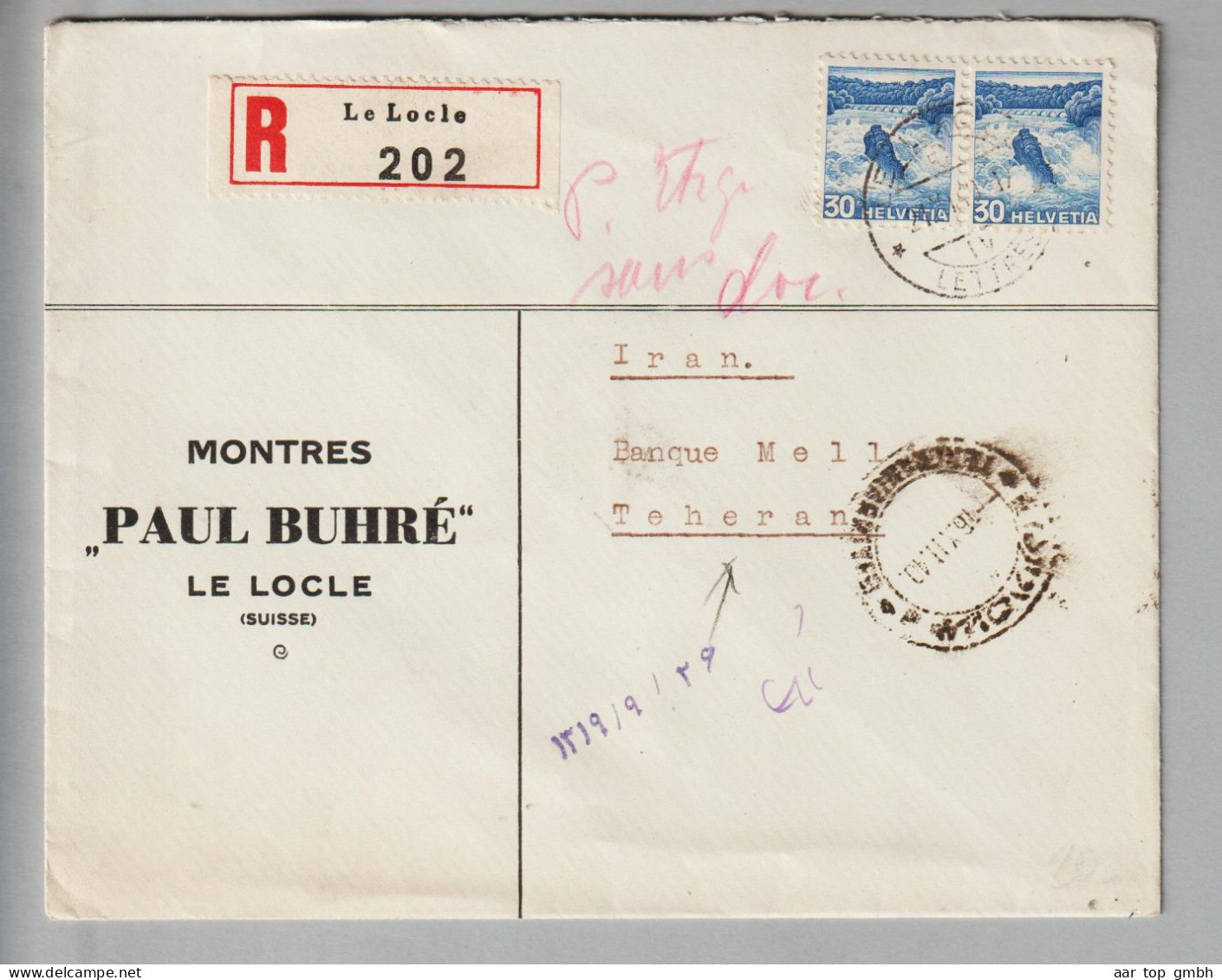 CH Heimat NE Le Locle 1940-11-21 R-Brief Nach Teheran - Ongebruikt