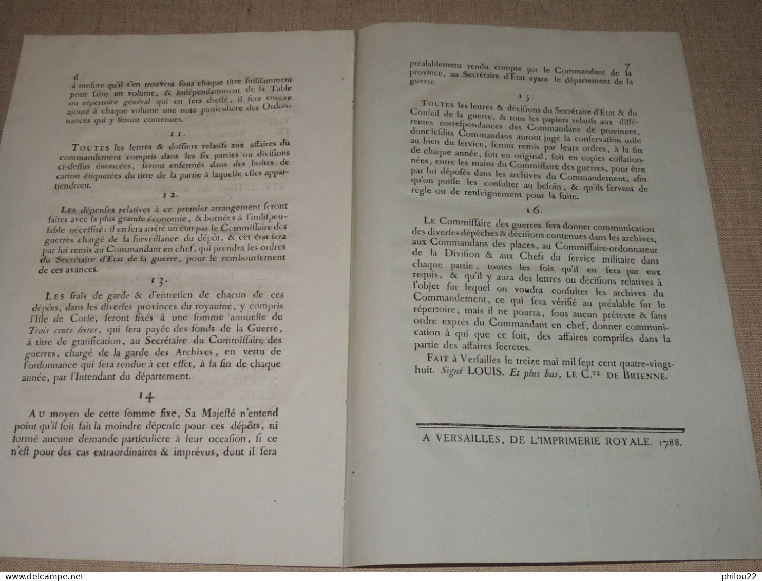 1788 REGLEMENT Concernant La Garde Des Archives Des Commandemens De Provinces - 1701-1800