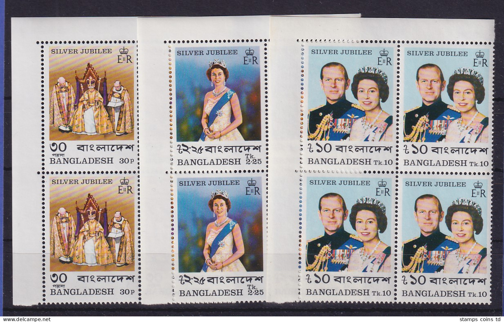 Bangladesch 1977 Thronjubiläum Elisabeth II. Mi.-Nr. 86-88 A ER-Viererblocks ** - Bangladesh