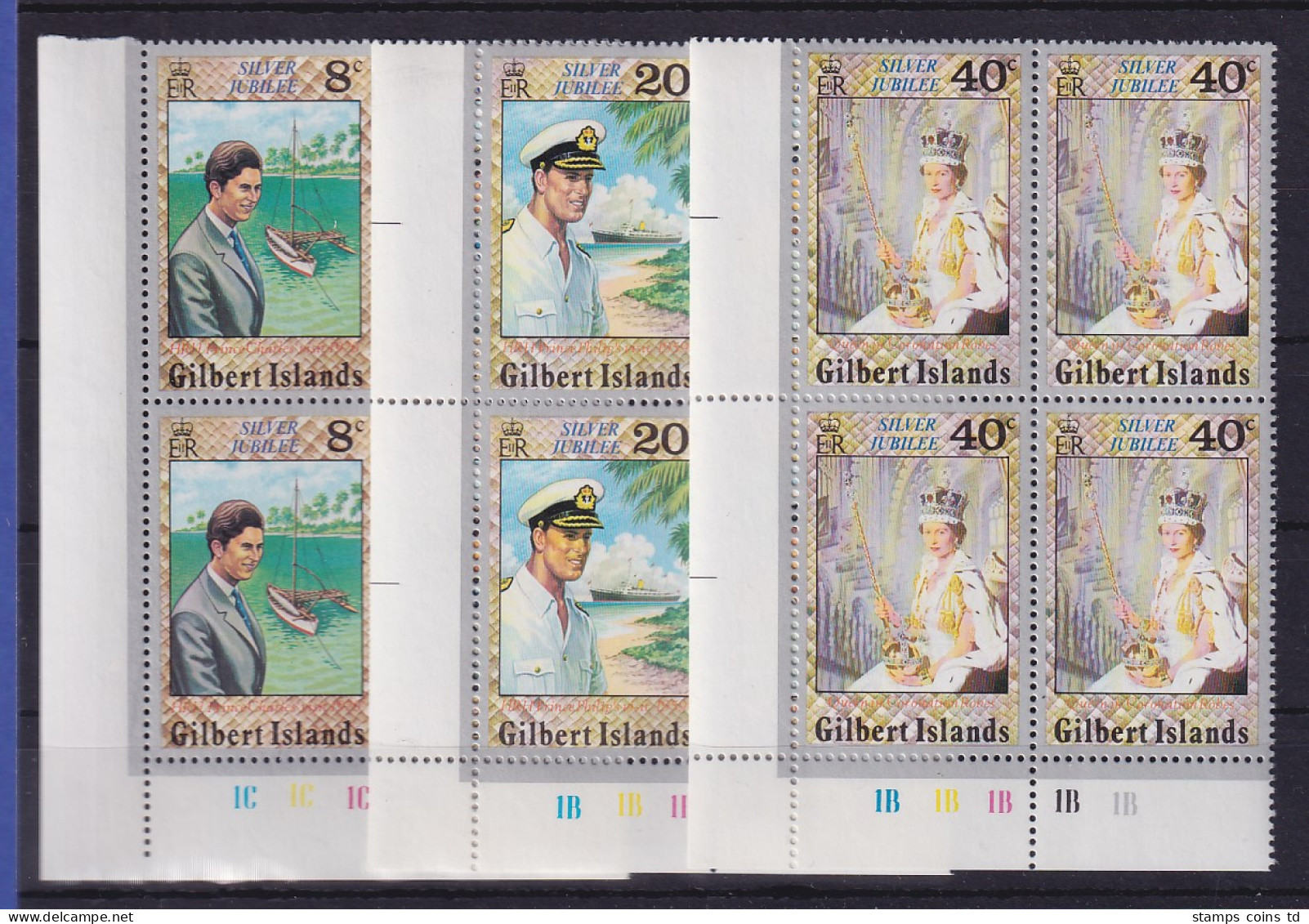 Gilbert Islands 1977 Thronjubiläum Elisabeth II. Mi.-Nr. 288-290 ER-4erblocks ** - Kiribati (1979-...)