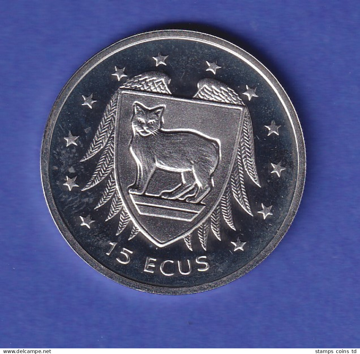 Isle Of Man Silbermünze 15 ECU Wappen Mit Manx-Katze 1994 Stg - Andere & Zonder Classificatie