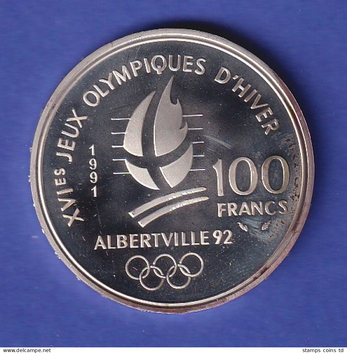 Frankreich Silbermünze 100 Francs Olympiade Albertville Eishockey 1991 PP - Other & Unclassified