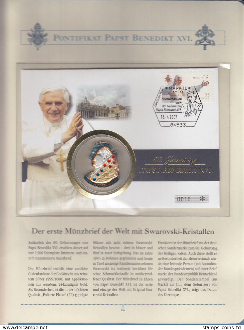Cook Islands 2007 Silbermünze 5 Dollar Papst Benedikt Mit Swarovski-Kristallen - Colecciones Y Lotes