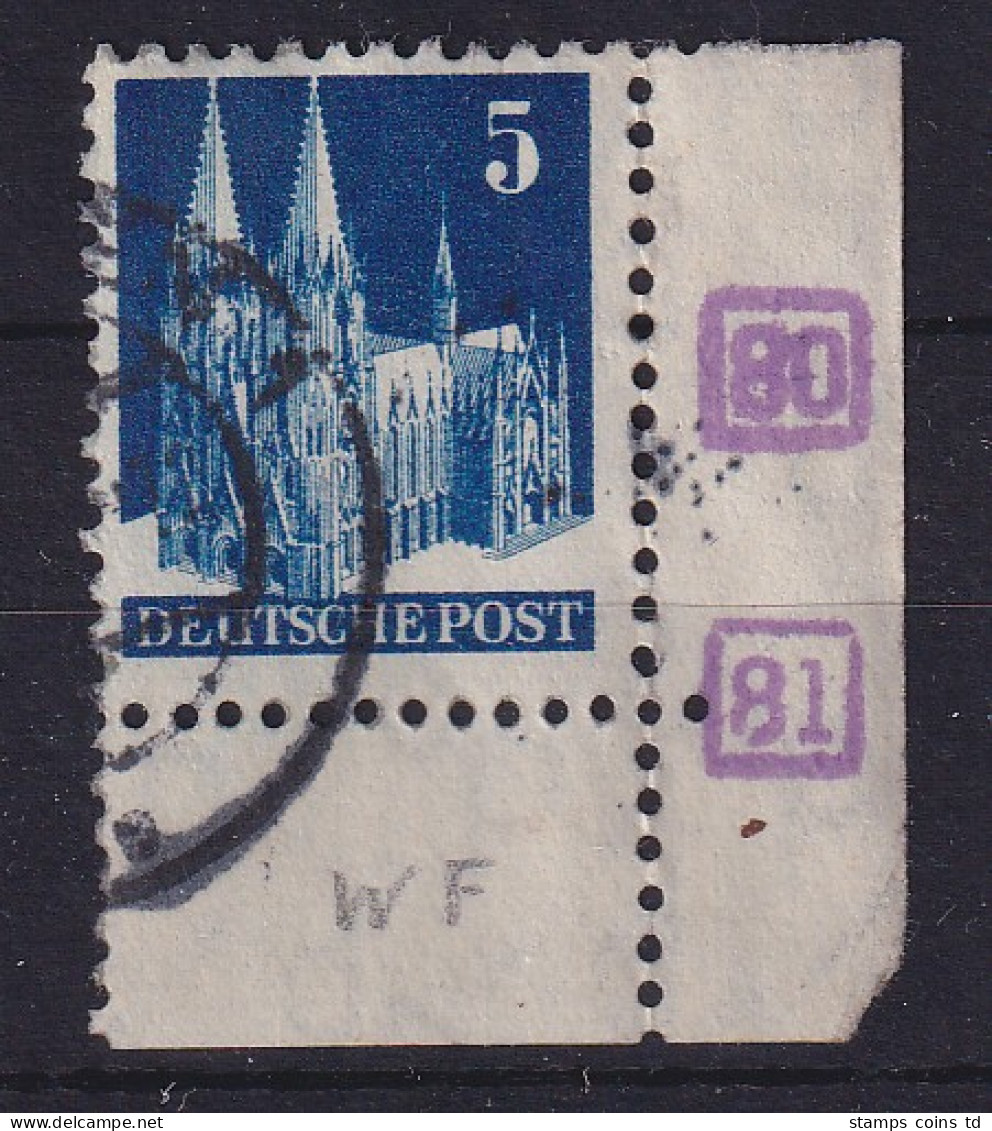 Bizone 1948 Kölner Dom 5 Pf Mi.-Nr. 75 V WF Eckrandstück Mit Bogenkontroll-Nr. O - Gebraucht