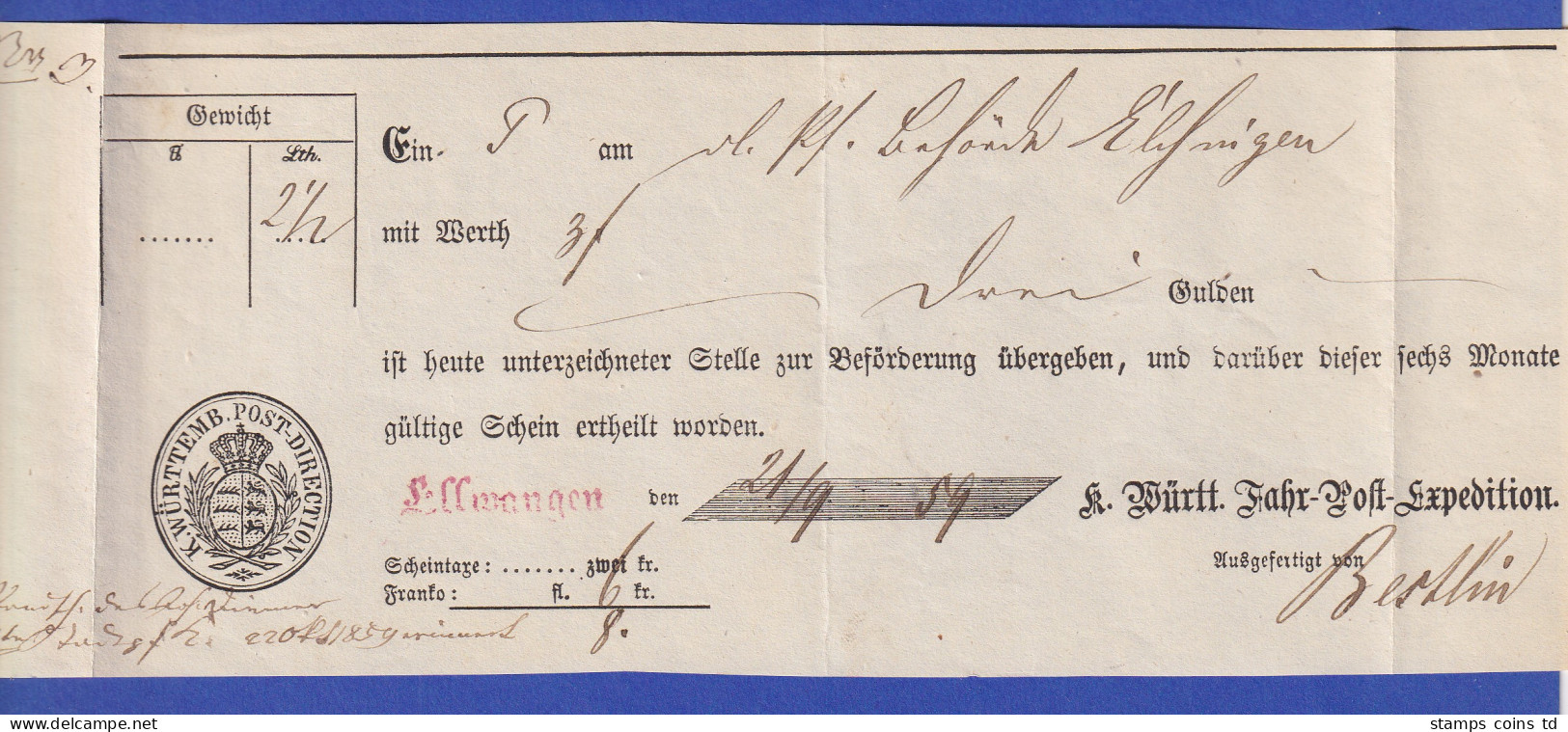 Württemberg Einlieferungsschein Zur K. Württ. Fahrpost, Ellwangen 21.9.1859 - Sonstige & Ohne Zuordnung