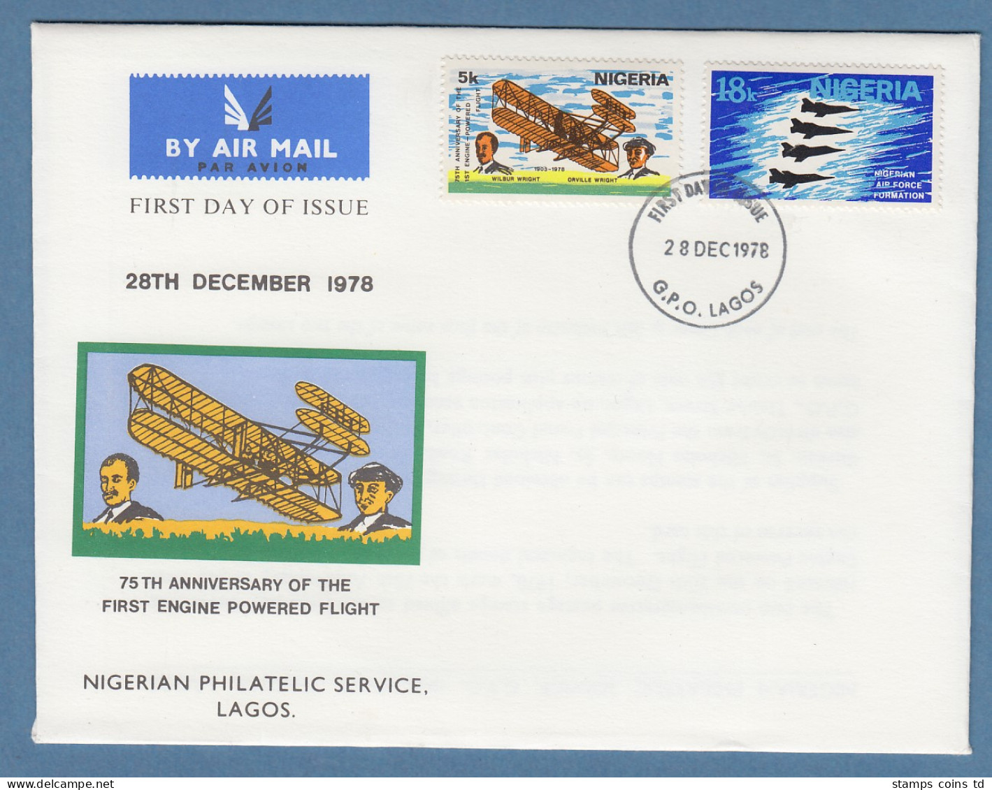 Nigeria 1978 75 Jahre Motorflug Gebrüder Wright Mi.-Nr. 355-56 Auf FDC 28.12.78  - Nigeria (1961-...)