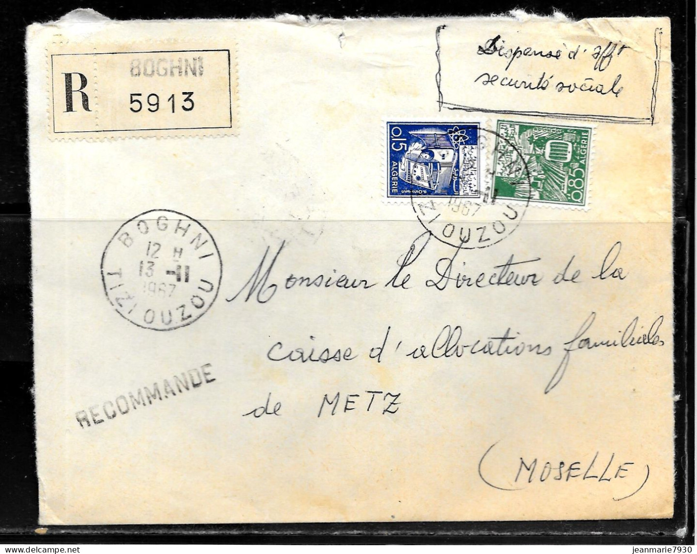 CC263 - ALGERIE - LETTRE RECOMMANDEE DE BOGHNI TIZI OUZOU DE 1967 POUR METZ - Algeria (1962-...)