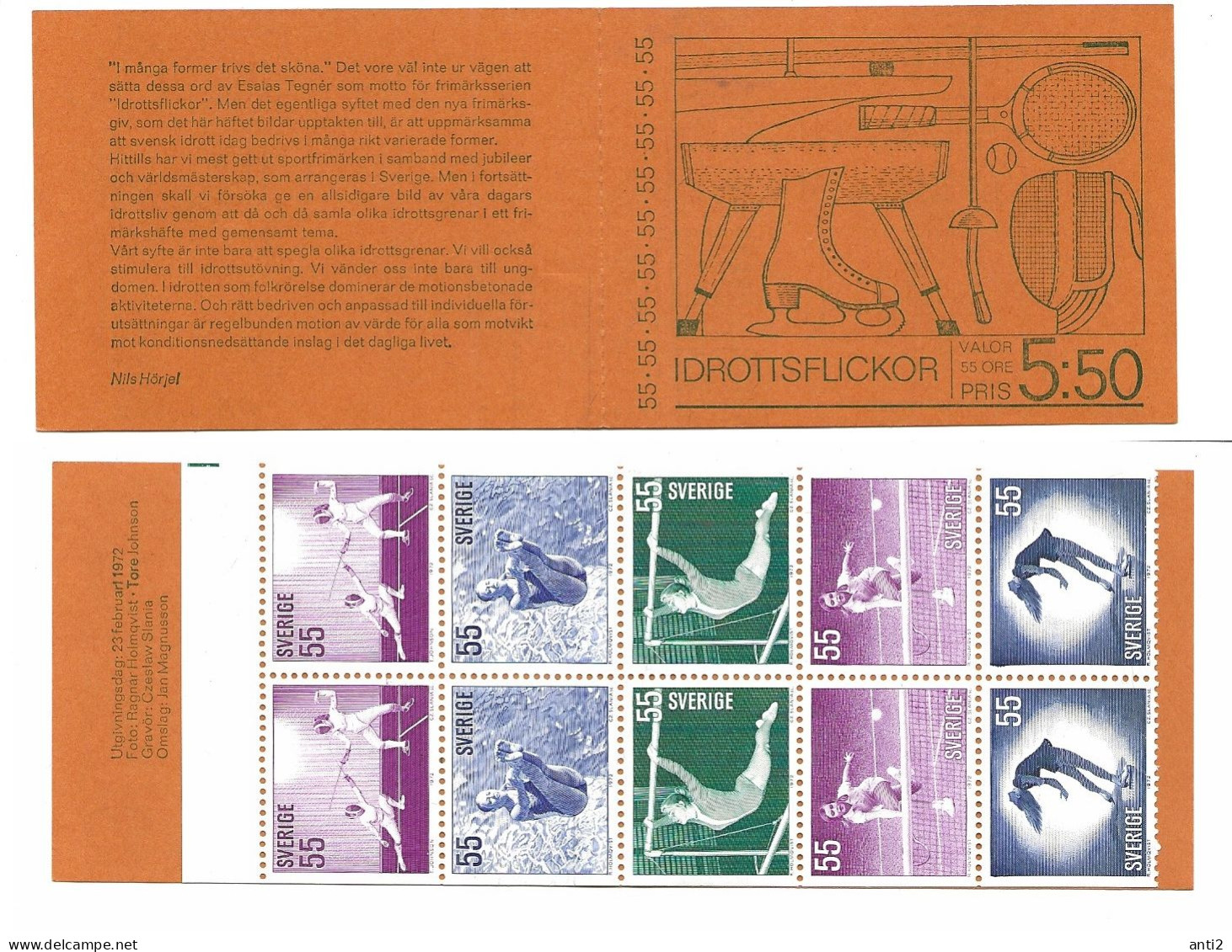 Sweden 1971 Athletics.  Women,  Fencers, High Diver, Uneven Bar Gymnast, Tennis Player Mi 737-741 Booklet 31 MNH(**) - Unused Stamps