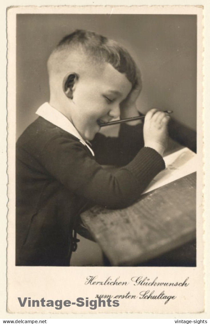 Little Boy Chewing Pencil At School Desk (Vintage RPPC ~1930s) - Scuole