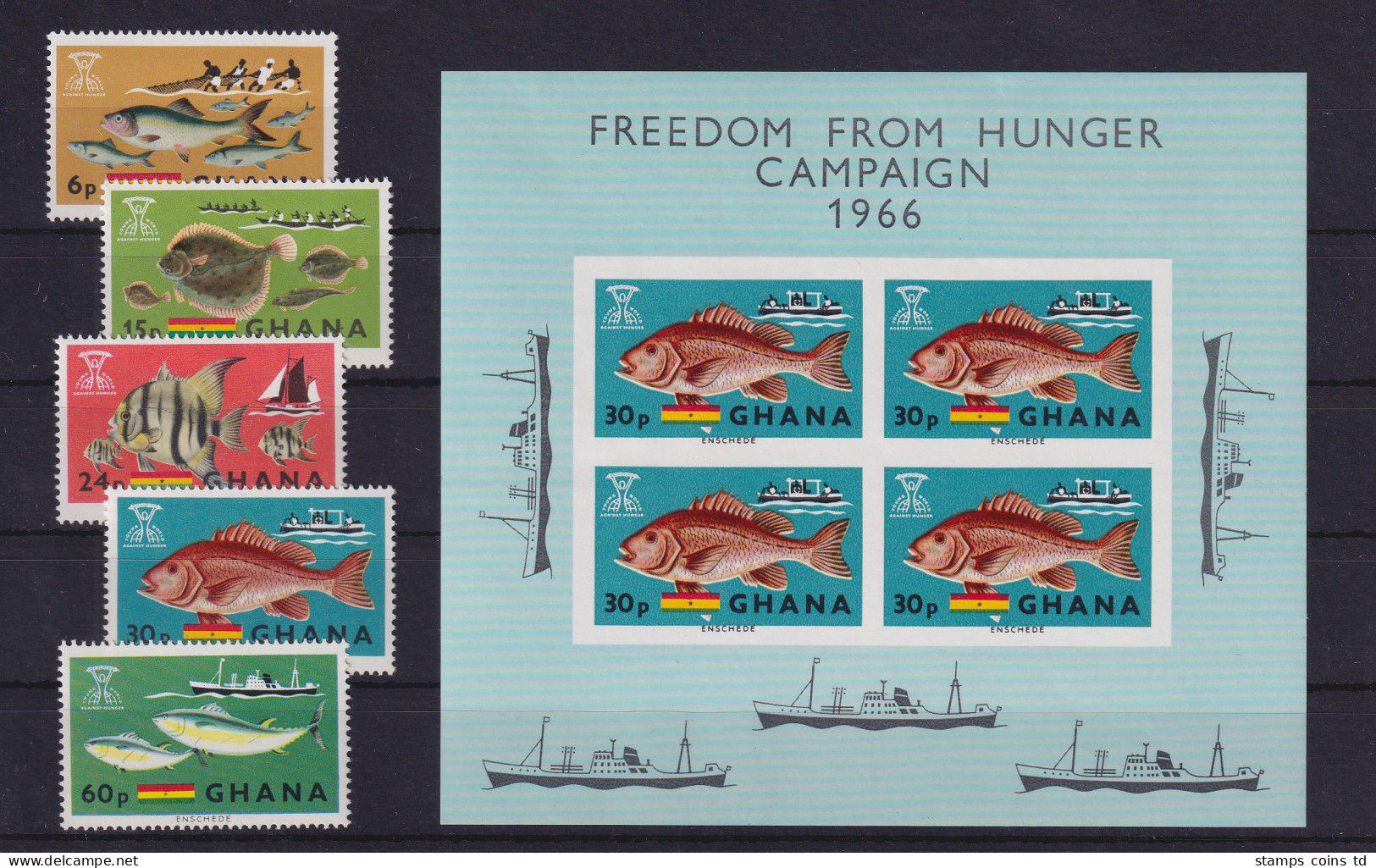 Ghana 1966 Fische Und Schiffe  Mi.-Nr. 261-65A + Block 21 Kpl. ** / MNH - Ghana (1957-...)