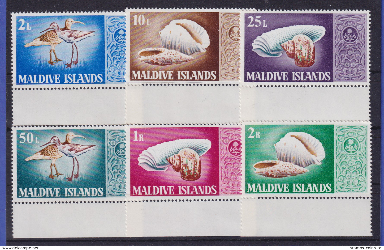 Malediven 1968 Vögel Und Meeresschnecken Mi.-Nr. 289-294 Unterrandstücke ** - Malediven (1965-...)