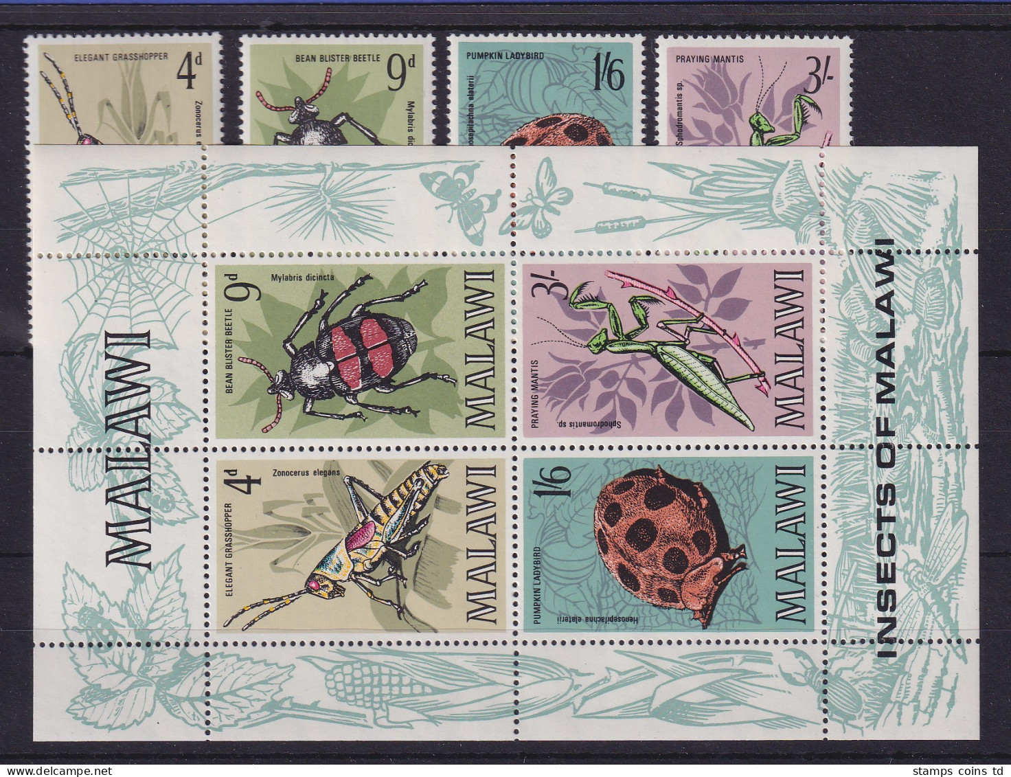 Malawi 1970 Einheimische Insekten Mi.-Nr. 123-126 Und Block 17 Postfrisch ** - Malawi (1964-...)