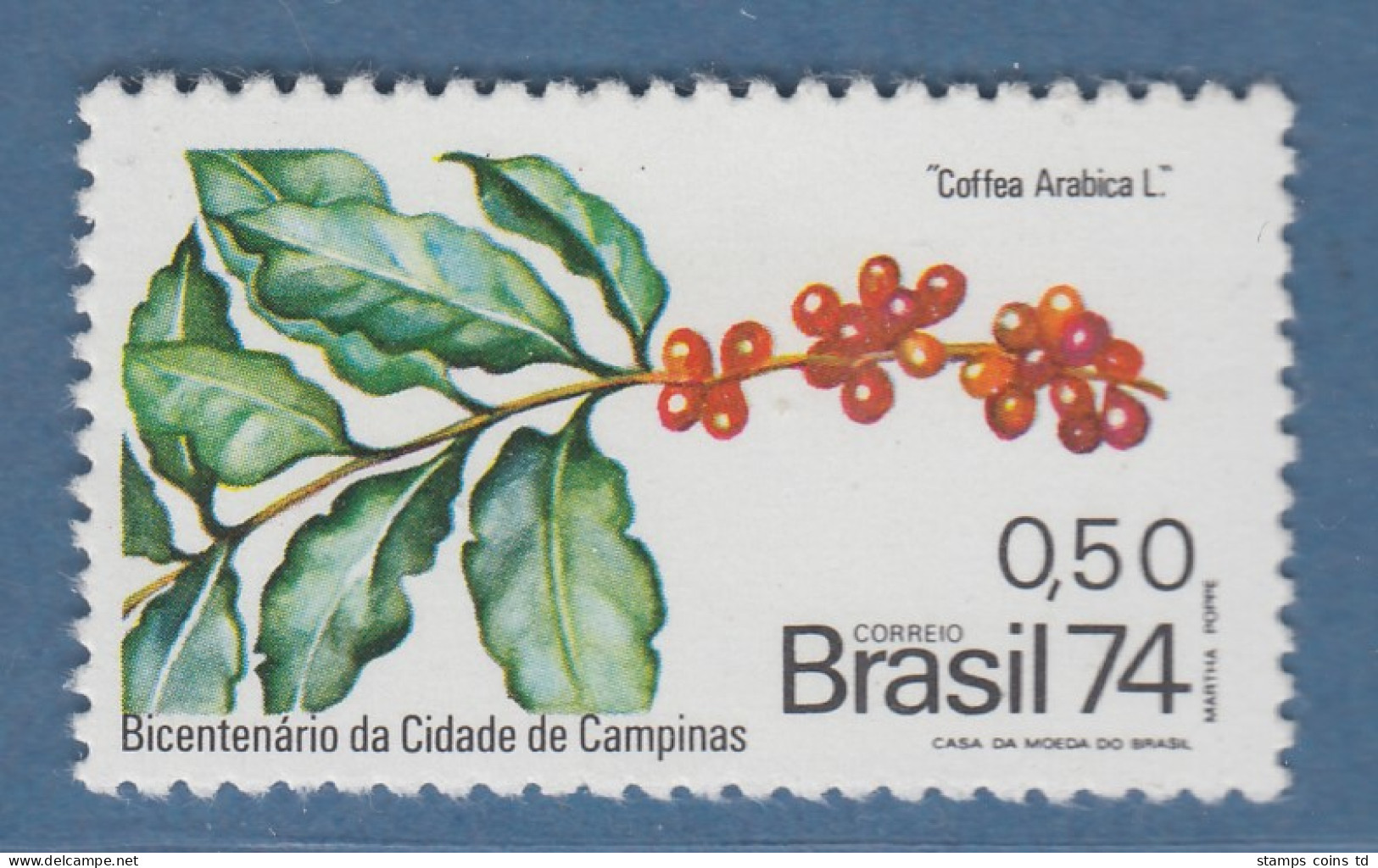 Brasilien 1974 Gründung Der Stadt Campinas Zweig Der Coffea Mi.-Nr. 1458 ** - Autres & Non Classés