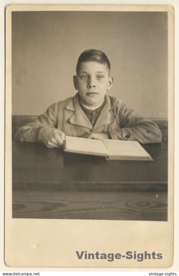 School Boy Reading Book At School Desk (Vintage RPPC ~1930s) - Scuole