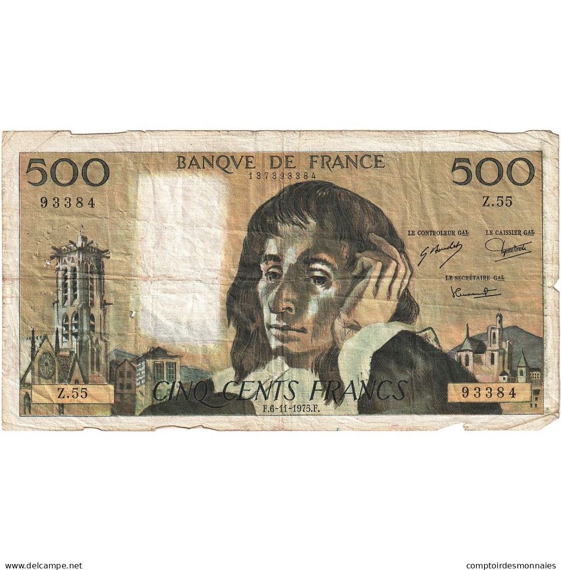 France, 500 Francs, Pascal, 1975, Z.55, TB, Fayette:71.13, KM:156c - 500 F 1968-1993 ''Pascal''