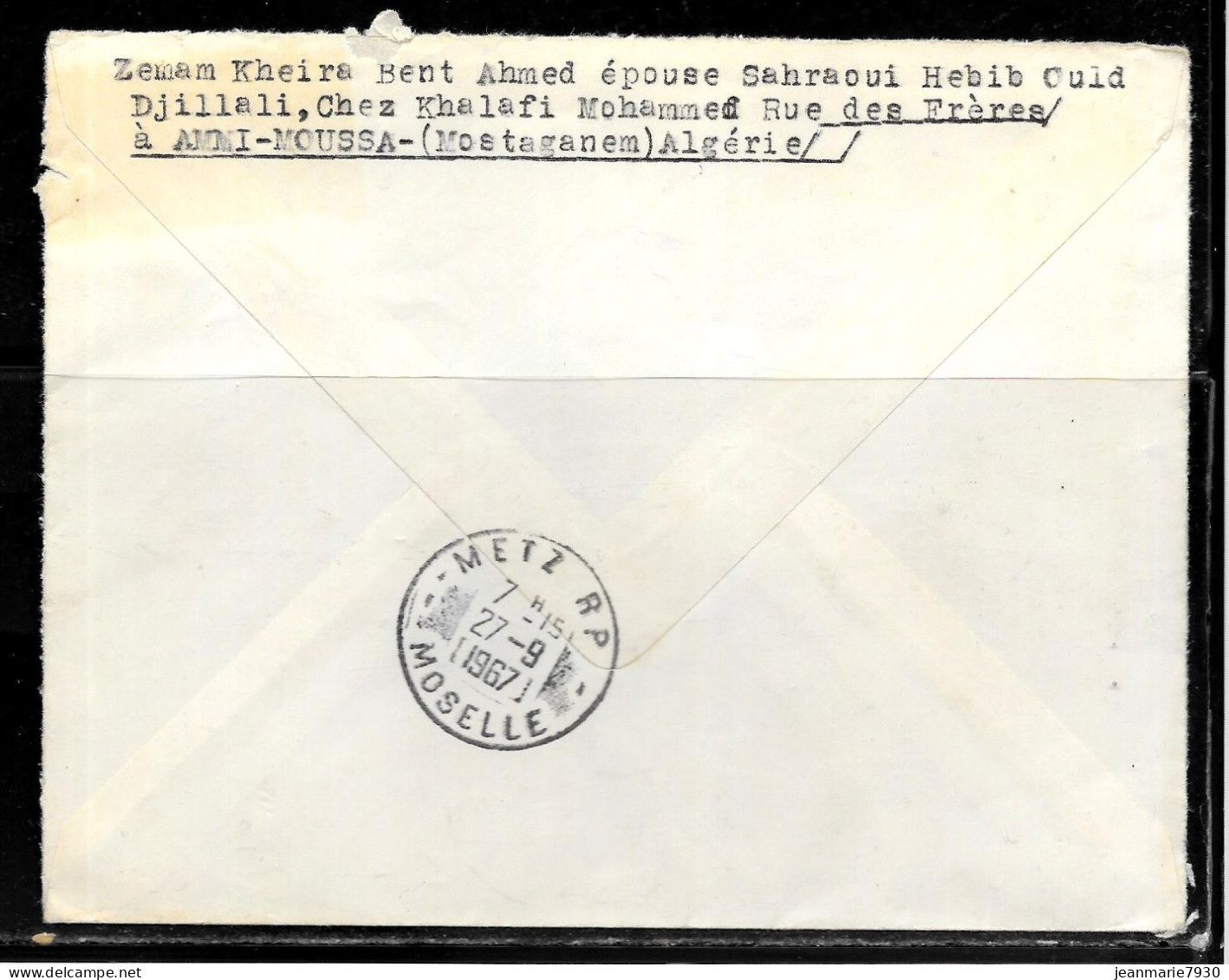 CC260 - ALGERIE - LETTRE RECOMMANDEE DE AMMI MOUSSA MOSTAGANEM DE 1967 POUR METZ - Algeria (1962-...)