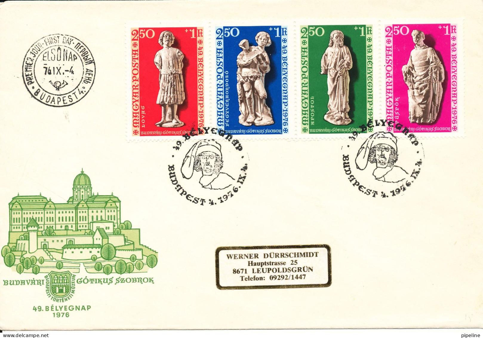 Hungary FDC 4-9-1976 Stamp's Day Gothic Statues Complete Set Of 4 With Cachet - FDC