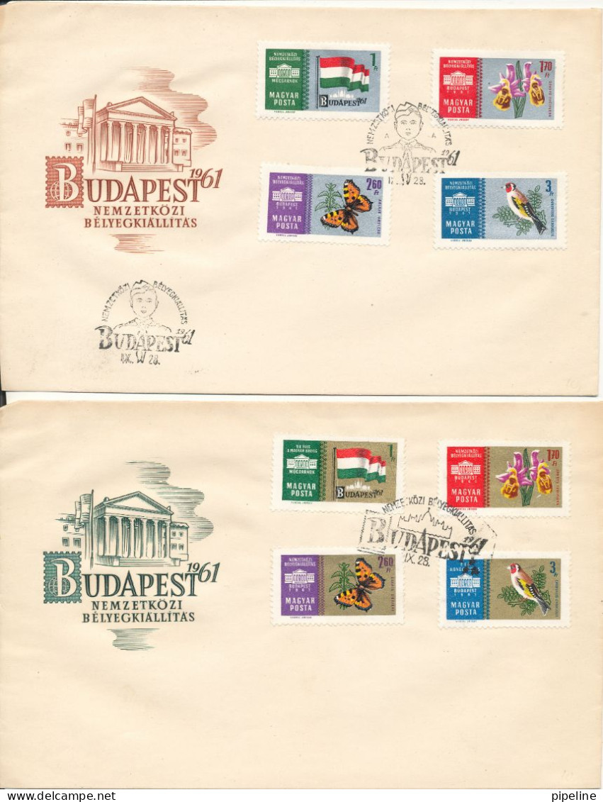 Hungary FDC 28-9-1961 Stamp Exhibition Budapest 2 Different Sets On 2 Covers With Cachet - FDC