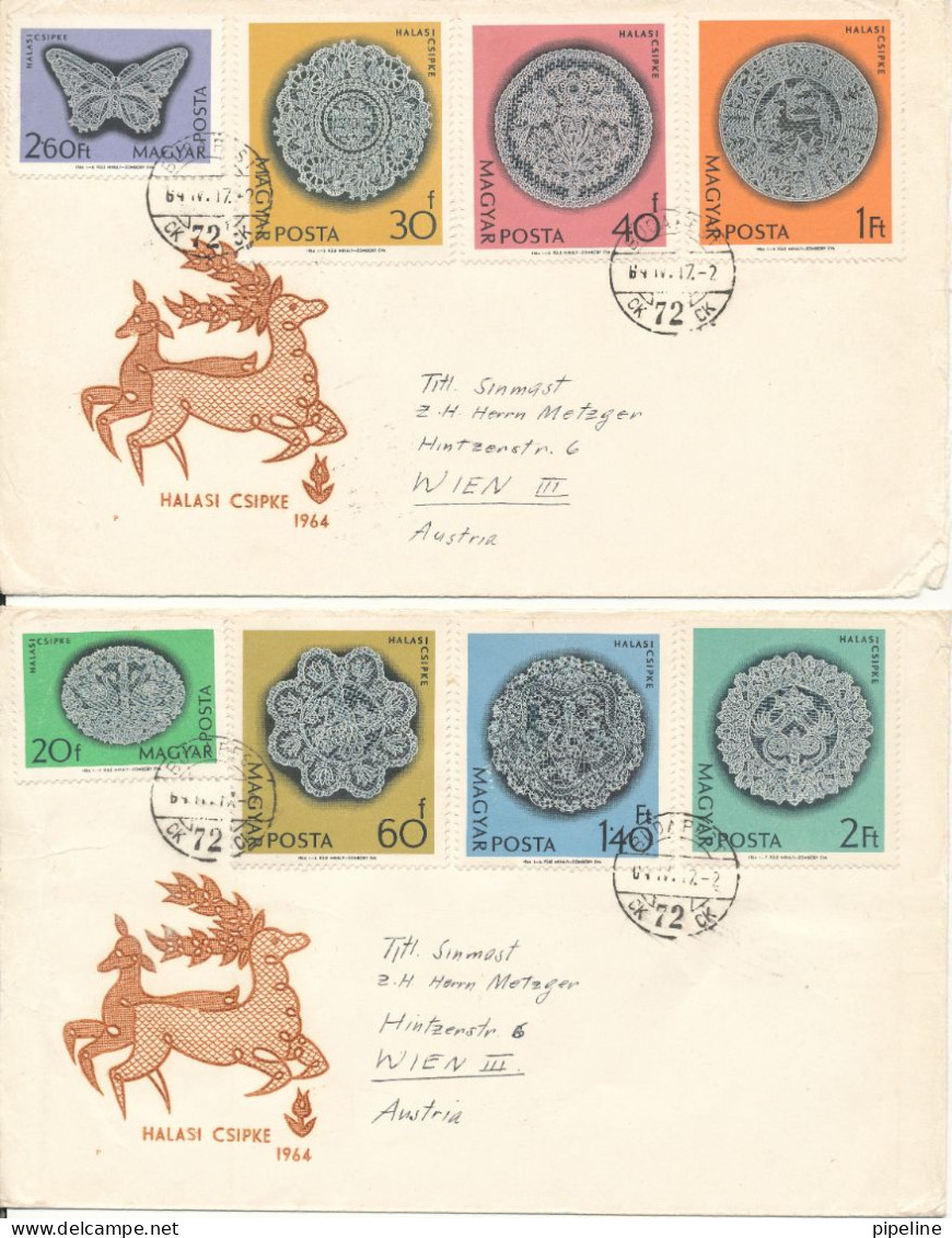 Hungary Covers With Complete Set Of 8 Art Haklasi Csipke On 2 Covers With Cachet Sent To Austria 17-4-1964 - Cartas & Documentos