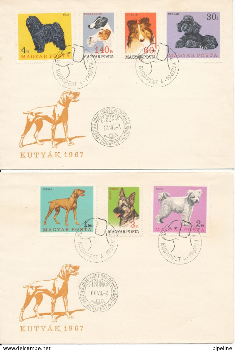 Hungary Registered FDC 7-7-1967 Complete Set Of 7 Stamps DOGS On 2 Covers With Cachet - FDC