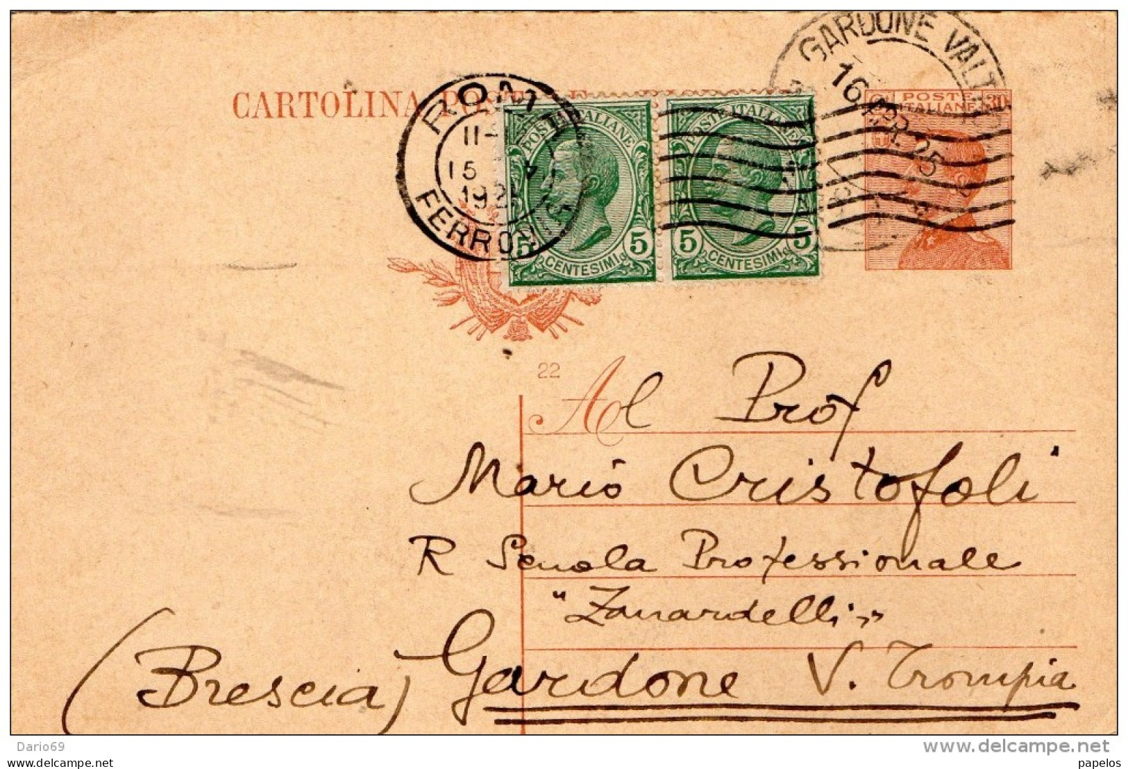 1925   CARTOLINA CON ANNULLO ROMA + GARDONE BRESCIA - Entiers Postaux