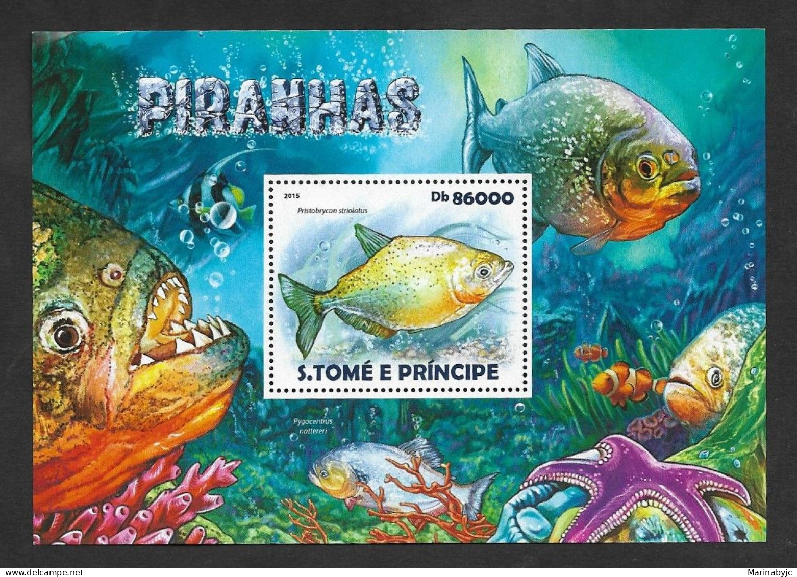 SE)2015 ST. TAKE AND PRINCE  MARINE LIFE, PIRANHAS, PRISTOBRYCON STRIOLATUS FISH, SOUVENIR LEAF, MNH - São Tomé Und Príncipe