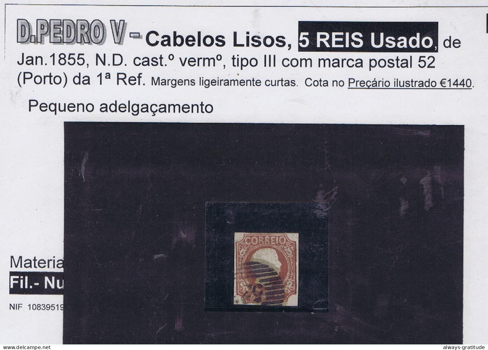 #87011 PORTUGAL Used D.Pedro V Cabelos Lisos 5 REIS Jan.1855 N.D. Castanho Vermelho Tipo III Marca Postal 52 -Porto - Gebraucht