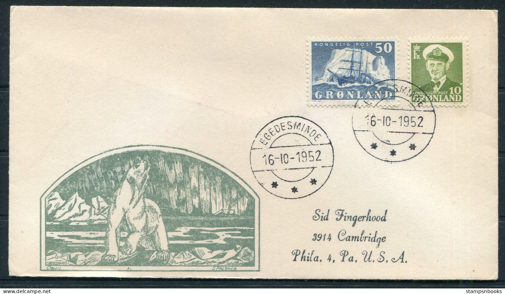 1952 Greenland Egedesminde 50ore "Gustav Holm" Ship, Polar Bear Cover - USA  - Covers & Documents