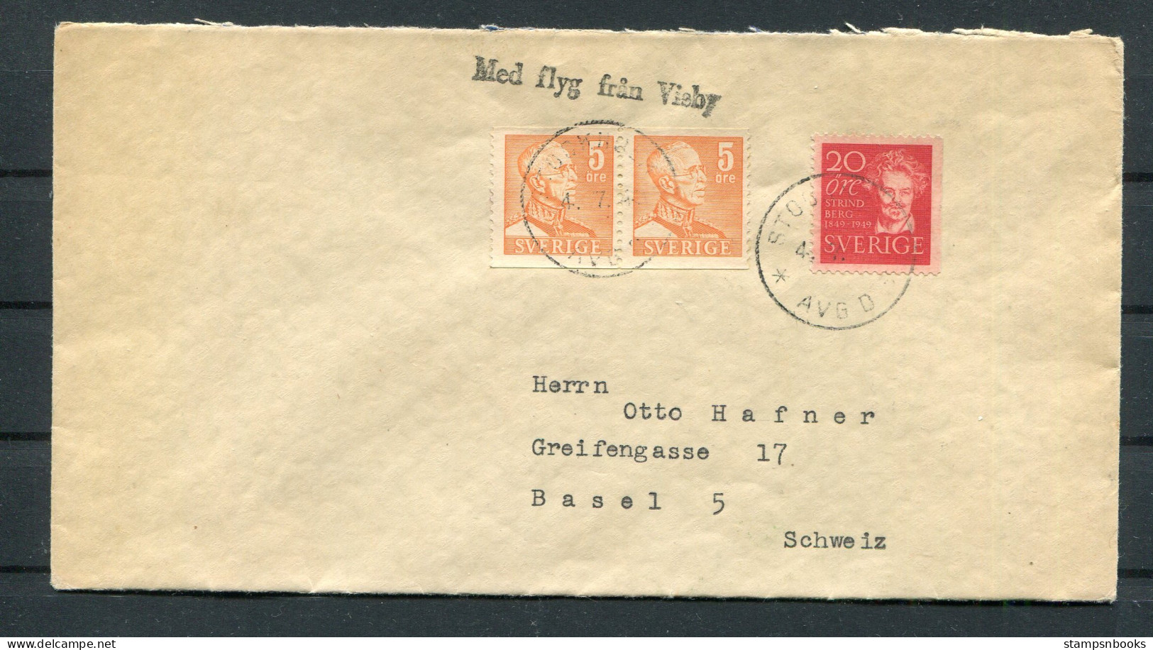 Sweden Stockholm Strindberg "Med Flyg Fran Visby" Airmail Cover - Basel Switzerland  - Storia Postale