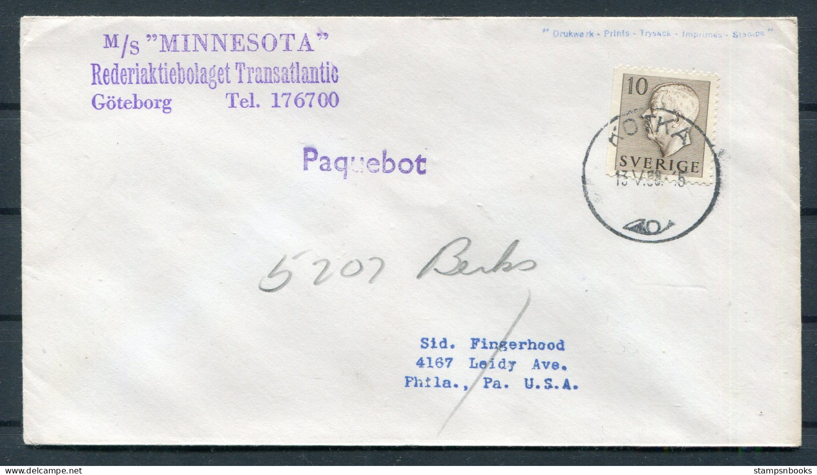 1958 Sweden Finland Kotka PAQUEBOT M/S MINNESOTA Goteborg Ship Cover  - Covers & Documents