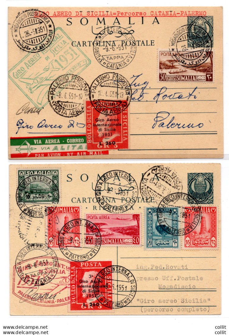 3° Giro Aereo Di Sicilia Del 9.6.51 (Somalia Afis) - Due Cartoline - Airmail