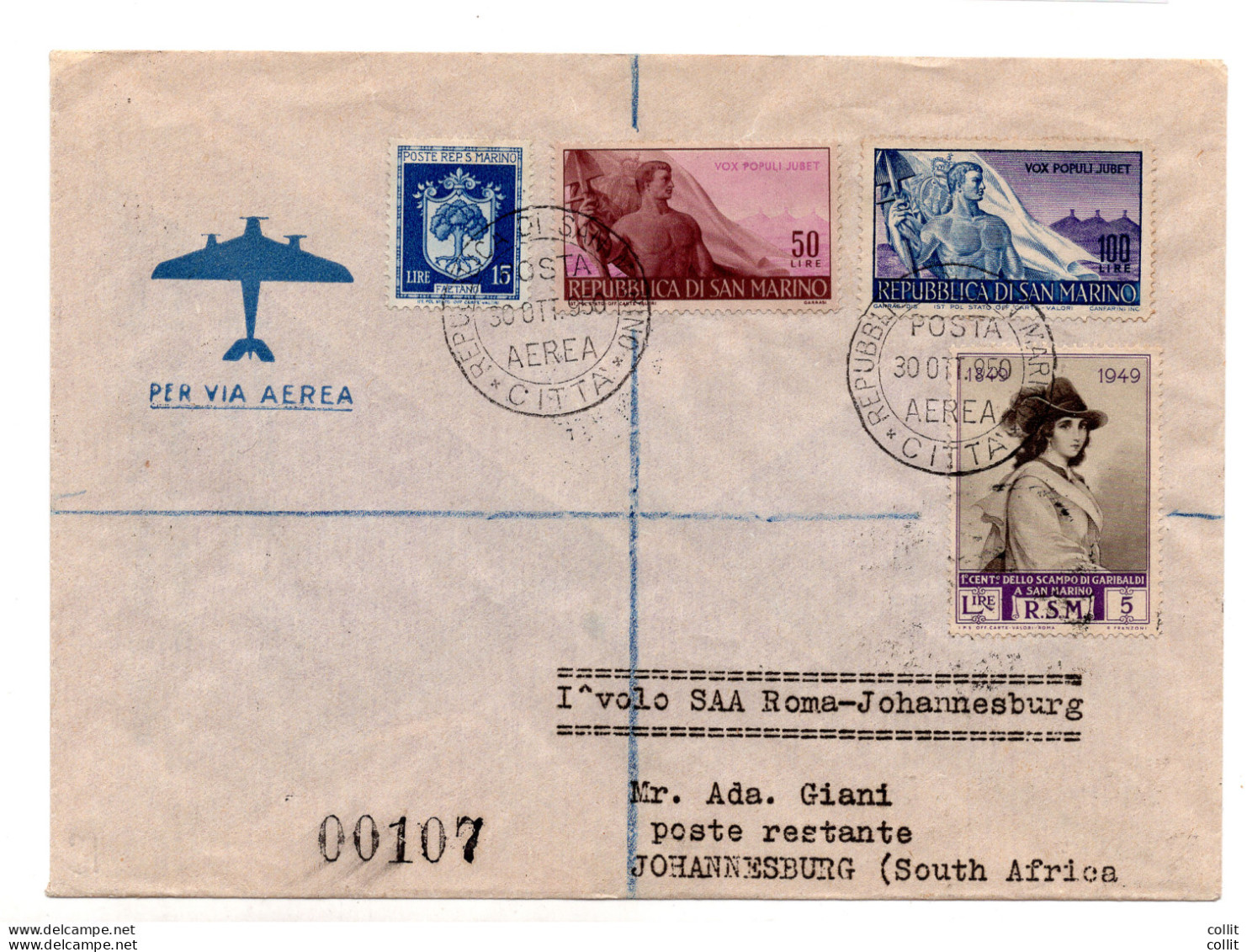 S.A.A. I° Volo (San Marino) Roma/Johannesburg Del 2.11.50 - Aerogramma - Airmail