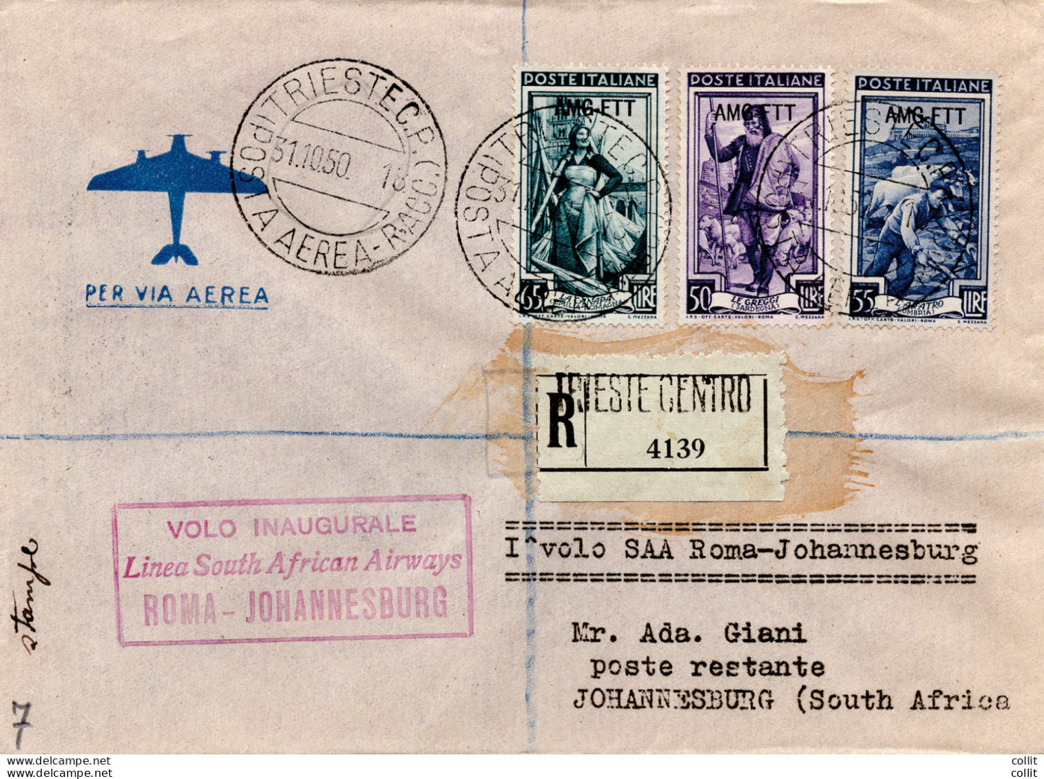 S.A.A. I° Volo (Trieste) Roma/Johannesburg Del 2.11.50 - Aerogramma - Airmail
