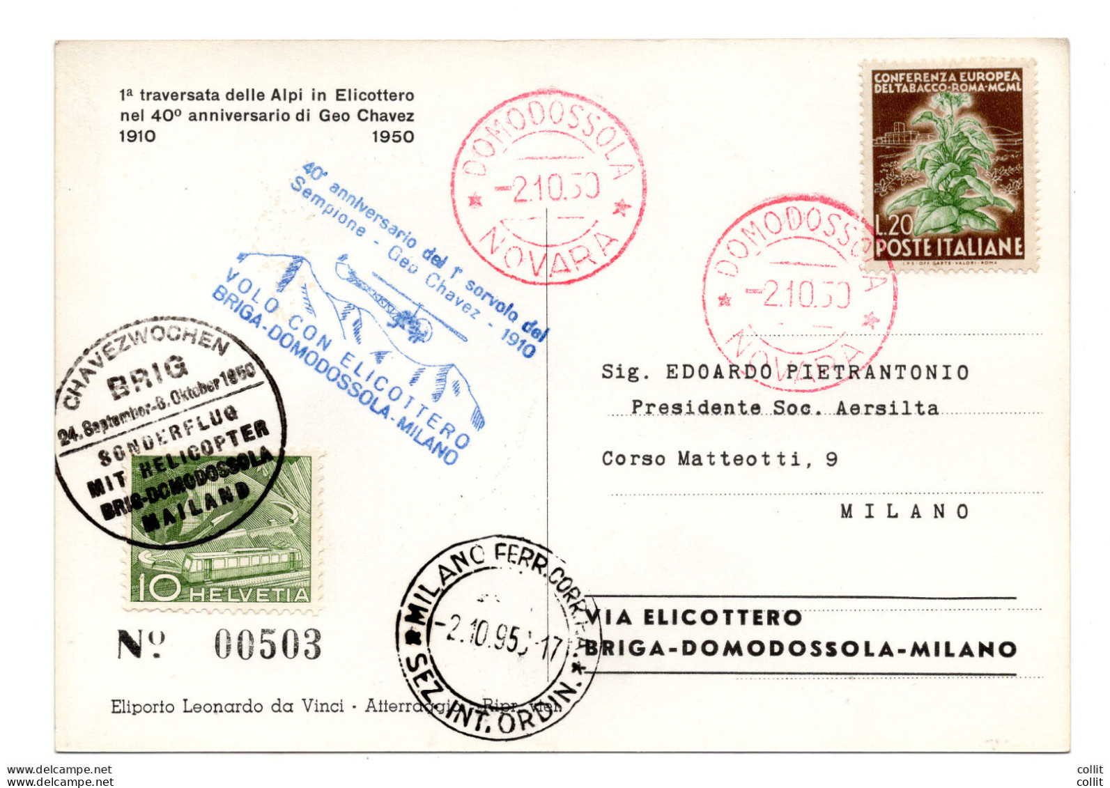 Elicottero Briga/Domodossola/Milano - Cartolina Elicottero Aersilta - Airmail