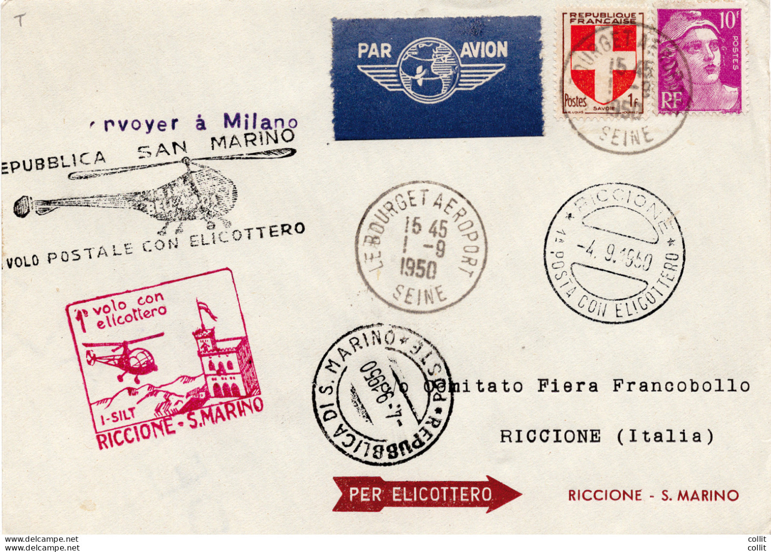 Elicottero (Le Bourget) Riccione/San Marino Del 4.9.50 - Aerogramma - Airmail