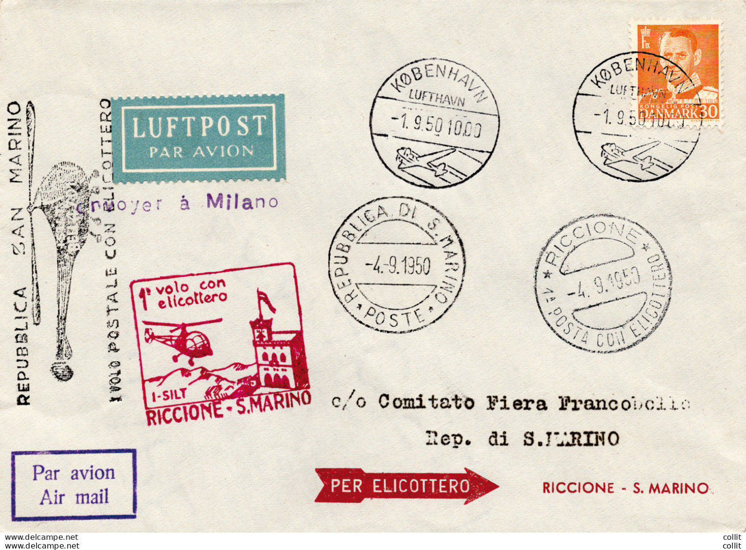 Elicottero (Copenaghen) Riccione/San Marino Del 4.9.50 - Aerogramma - Airmail