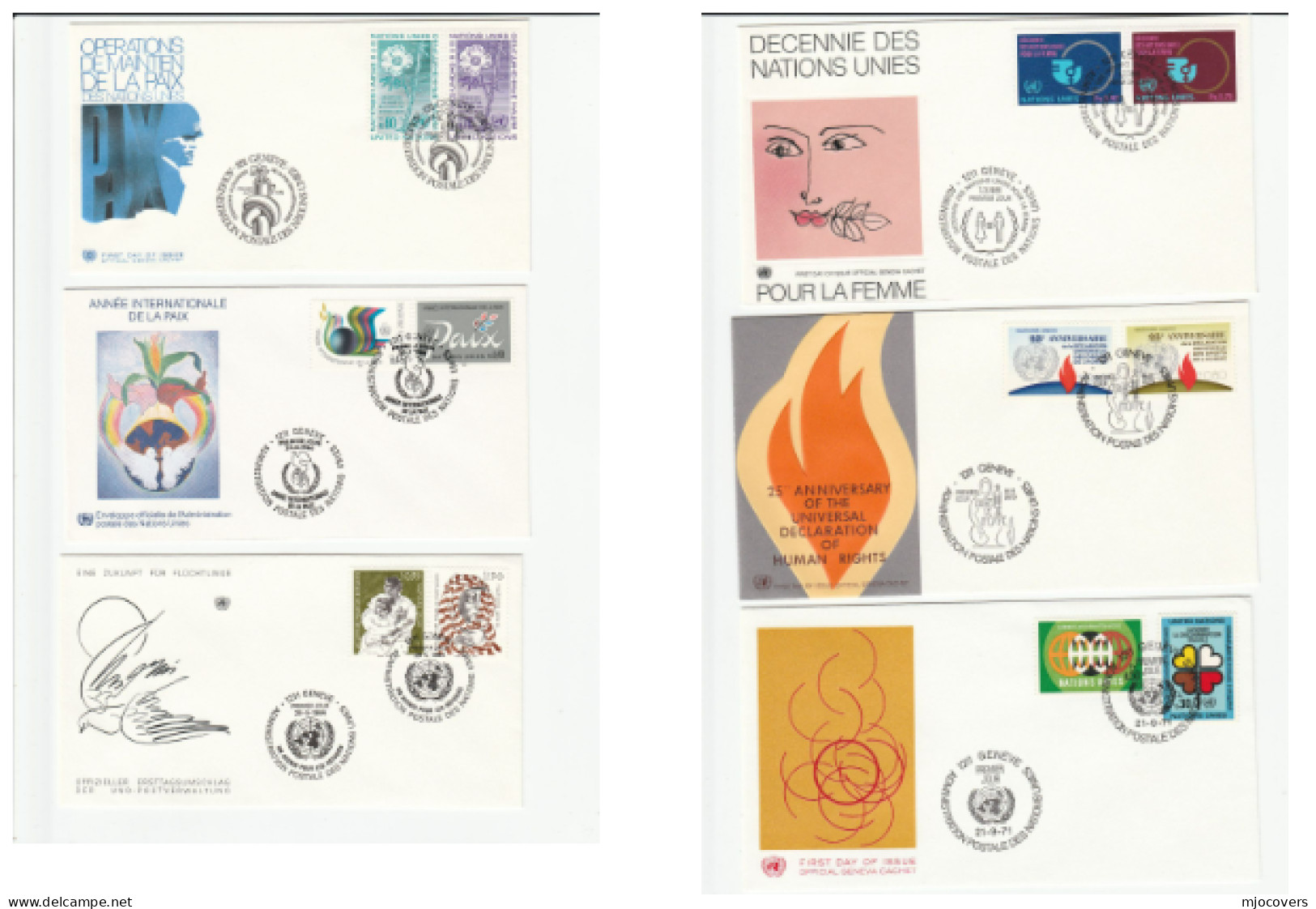 PEACE & HUMAN RIGHTS 6 Diff FDCS  1970s-1980s United Nations Fdc Stamps Cover - Collections, Lots & Séries