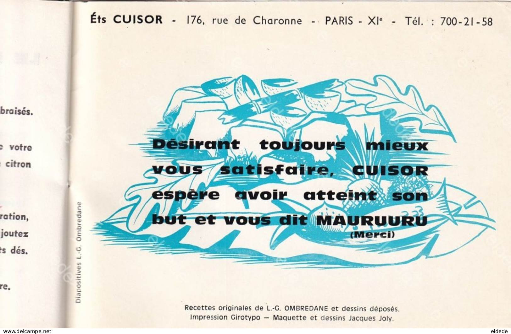 Livret Pub  Cuisor Tahiti Vahiné Gauguin Recettes Tané Popaa Moorea 176 Rue de Charonne Paris 11 Ombredane Jacques Joly