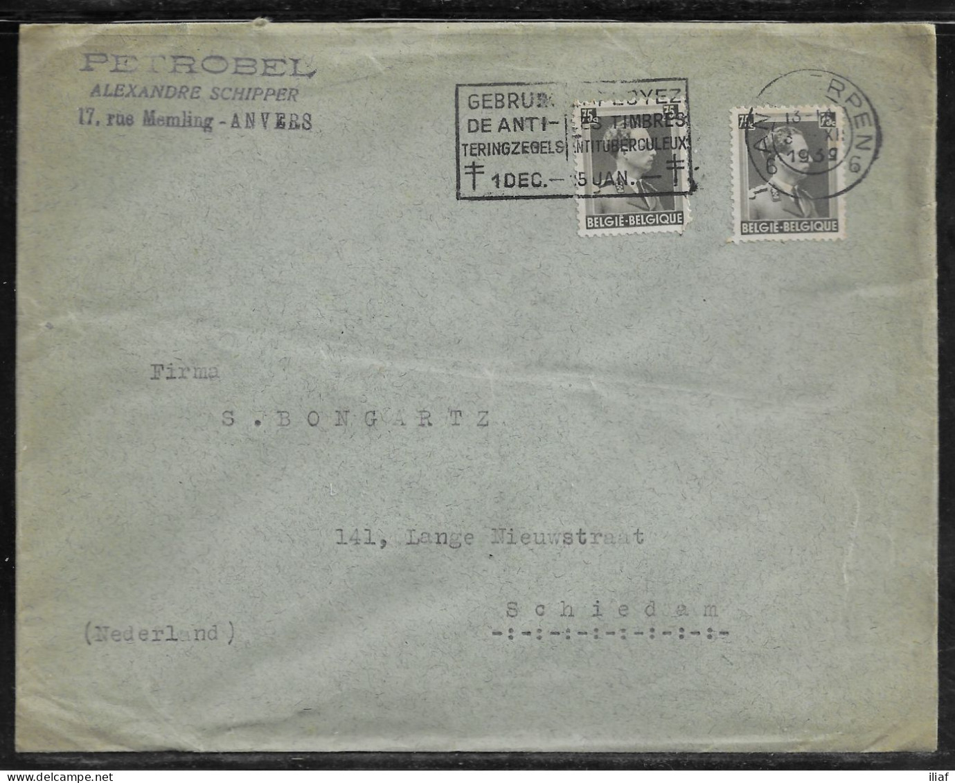 Belgium. Stamp Sc. 310 On Commercial Letter, Sent From Anvers On 3.12.1939 For Schiedam Netherlands - 1936-1957 Open Kraag