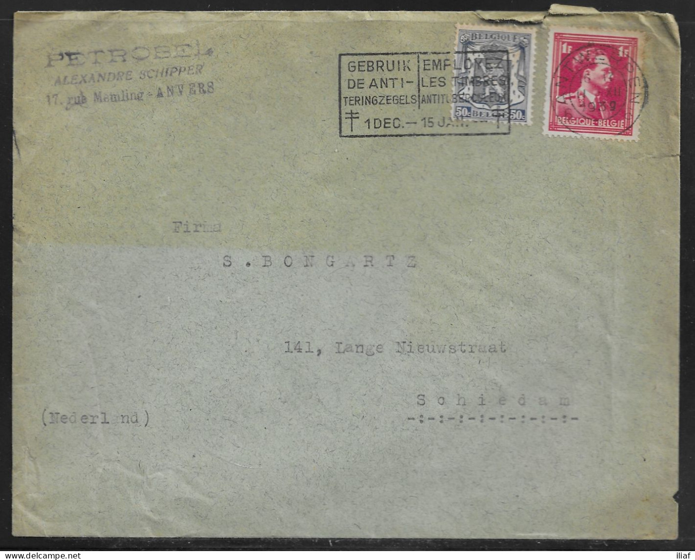 Belgium. Stamps Sc. 275, 284 On Commercial Letter, Sent From Anvers On 11.12.1939 For Schiedam Netherlands - 1936-1957 Col Ouvert