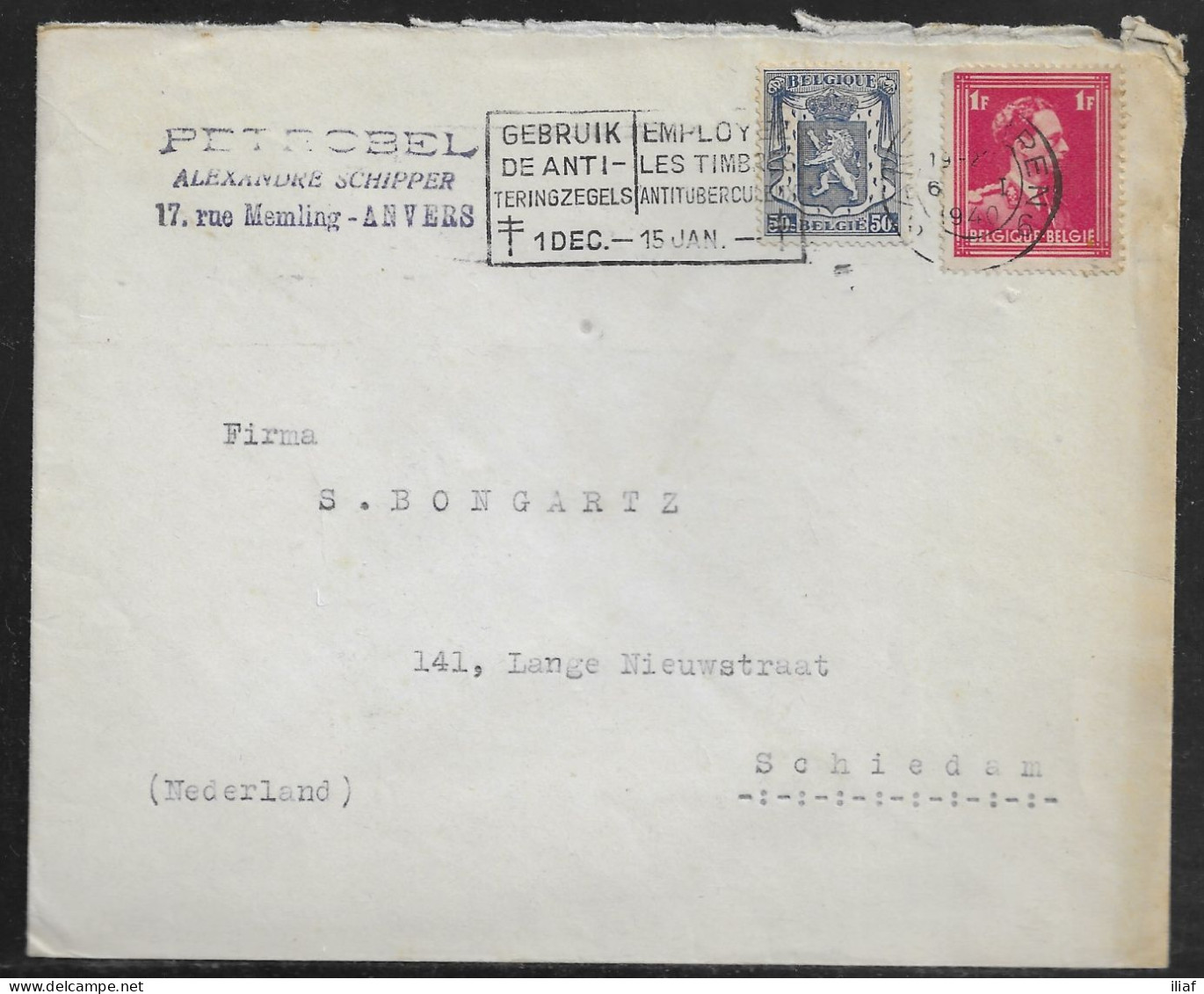 Belgium. Stamps Sc. 275, 284 On Commercial Letter, Sent From Anvers On 6.01.1940 For Schiedam Netherlands - 1936-1957 Offener Kragen