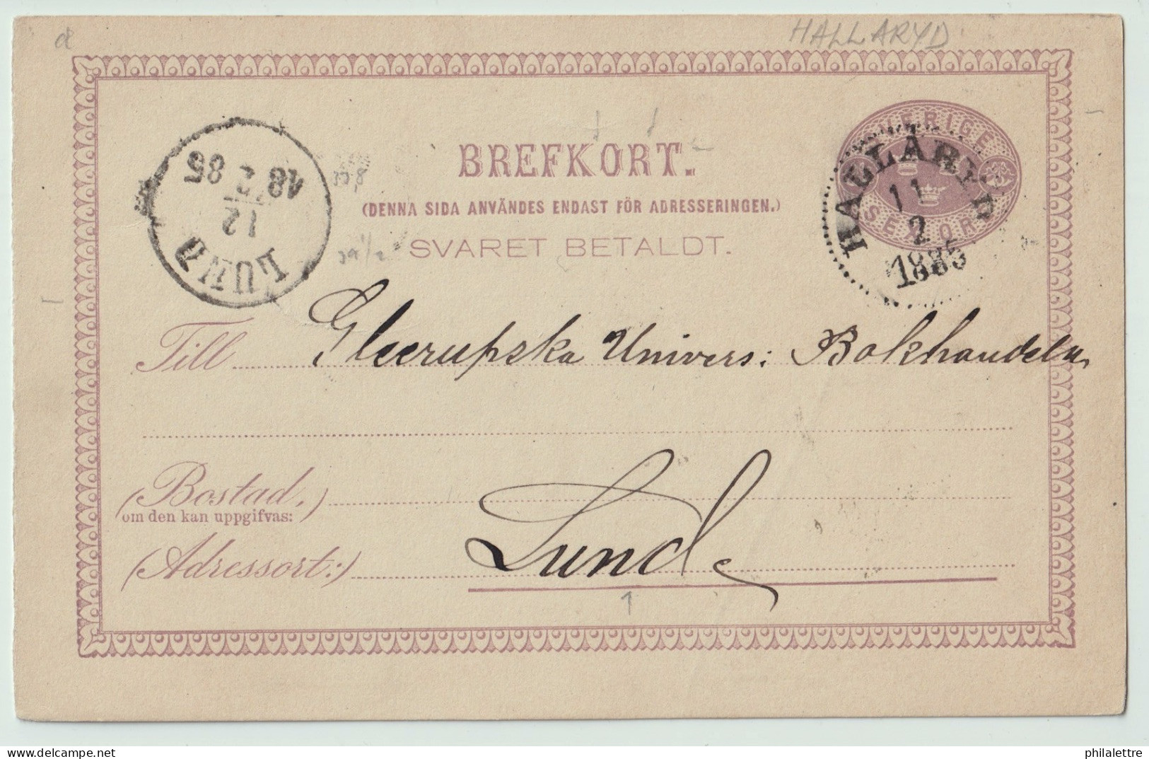 SUÈDE / SWEDEN - 1885 - "HALLARYD" CDS On 6ö Postal Card Mi.P9F Addressed To Lund - Cartas & Documentos