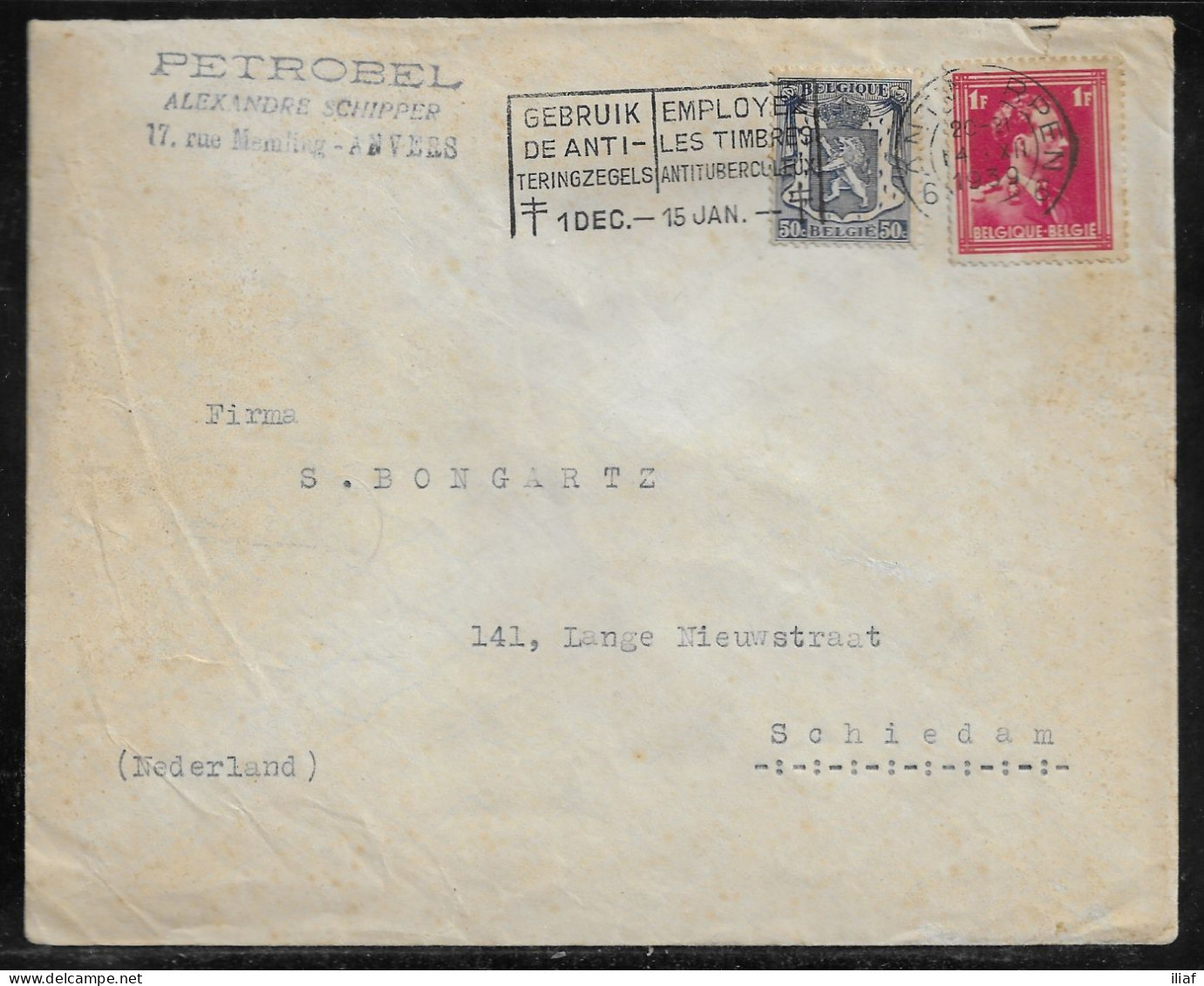 Belgium. Stamps Sc. 275, 284 On Commercial Letter, Sent From Anvers On 12.12.1939 For Schiedam Netherlands - 1936-1957 Open Kraag