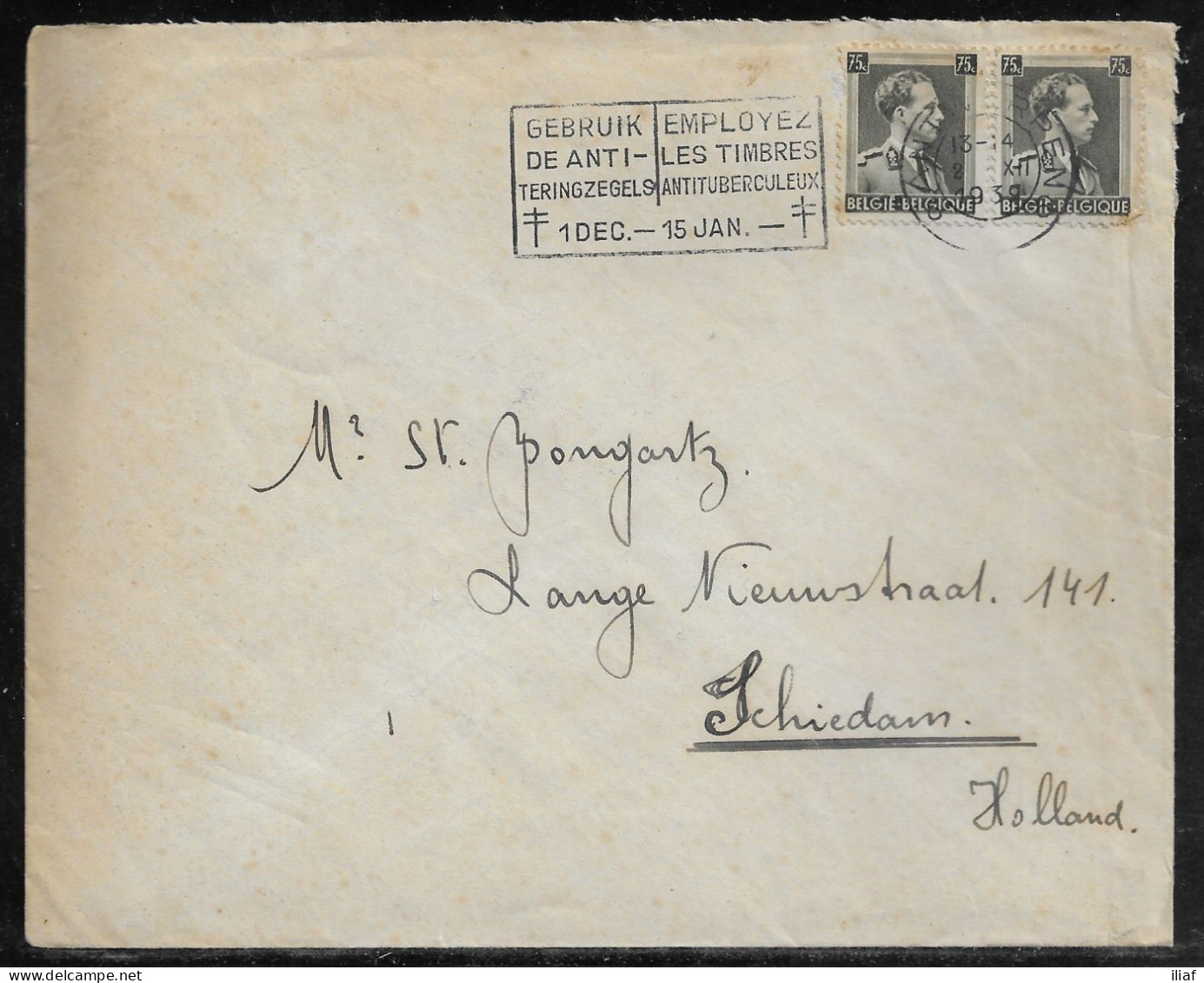 Belgium. Stamps Sc. 310 On Commercial Letter, Sent From Anvers On 2.12.1939 For Schiedam Netherlands - 1936-1957 Col Ouvert