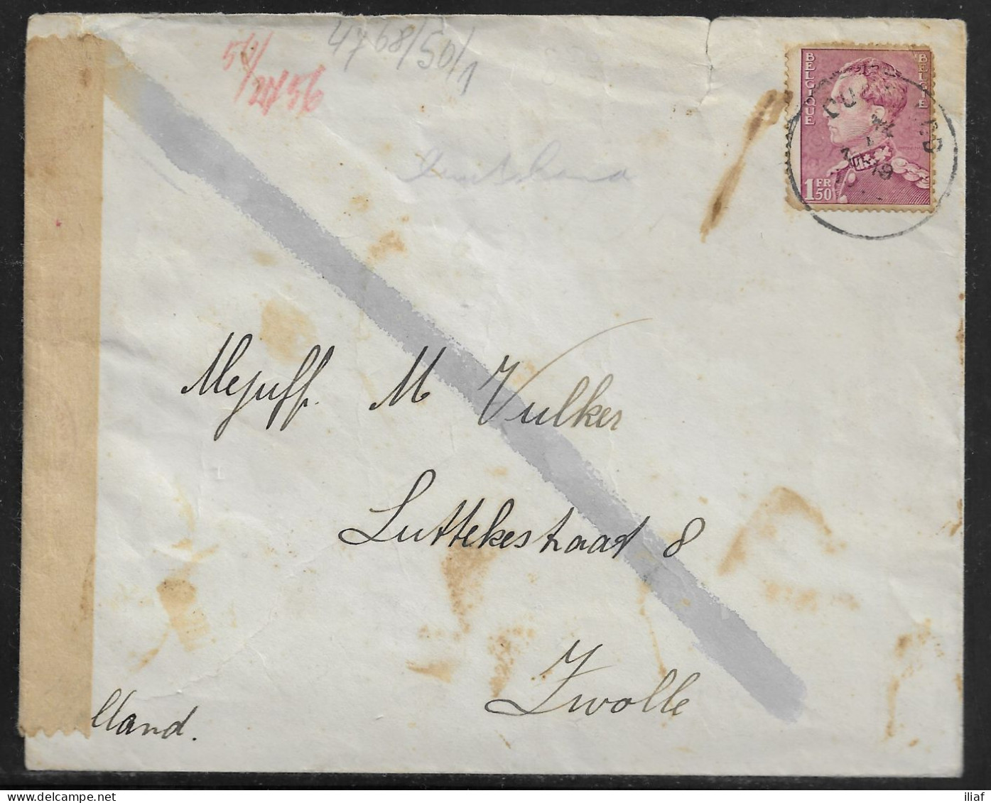 Belgium. Stamps Sc. 294 On Commercial Letter, Opened By CENSOR 52 Sent From Diest On 2.12.1939 For Zwolle Netherlands - 1936-51 Poortman