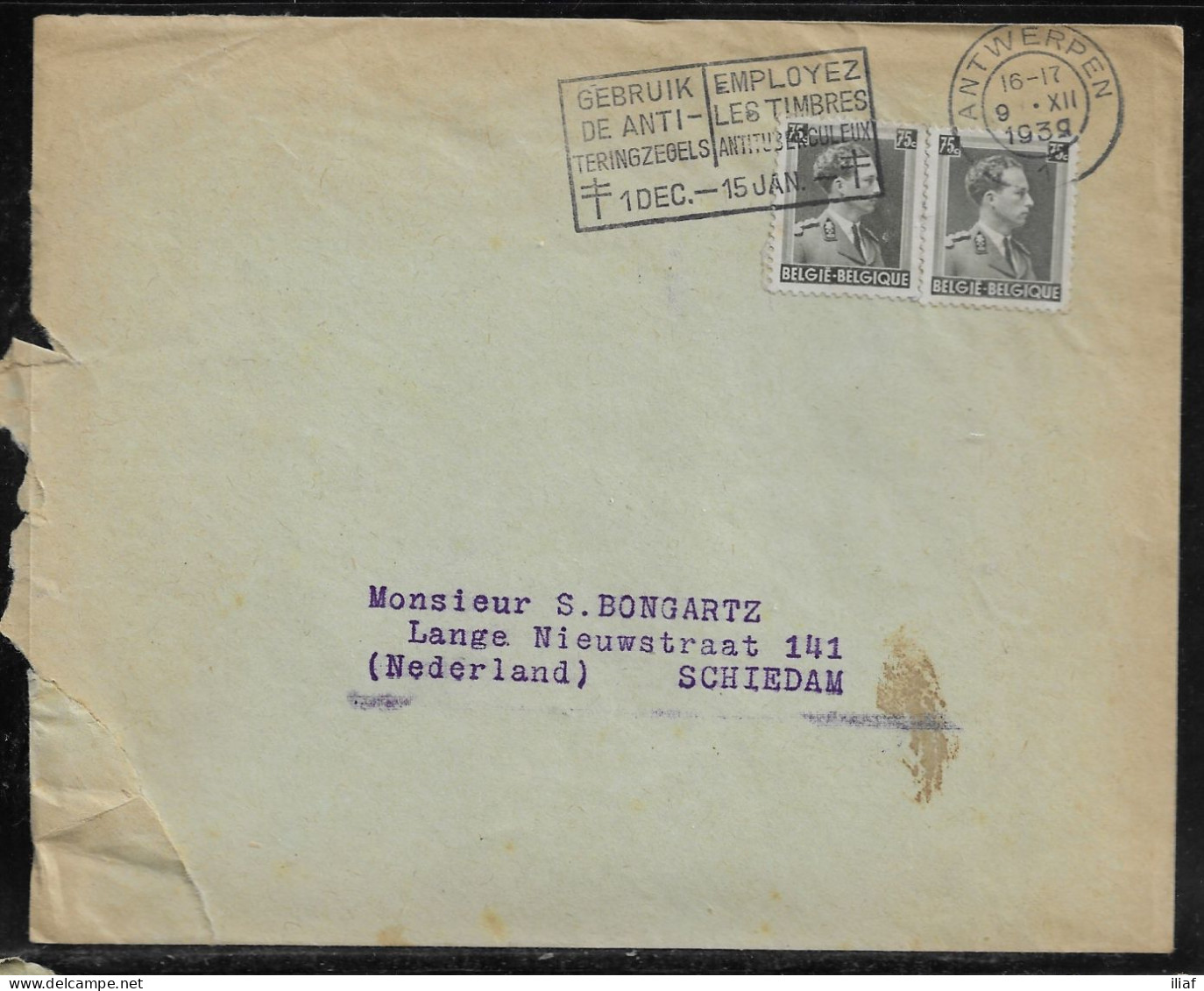 Belgium. Stamps Sc. 310 On Commercial Letter, Sent From Anvers On 9.12.1939 For Schiedam Netherlands - 1936-1957 Collo Aperto