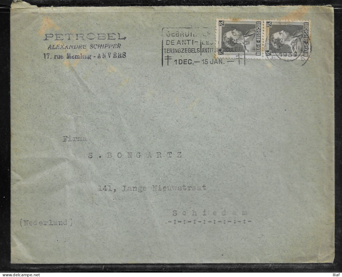 Belgium. Stamps Sc. 310 On Commercial Letter, Sent From Anvers On 8.12.1939 For Schiedam Netherlands - 1936-1957 Open Collar