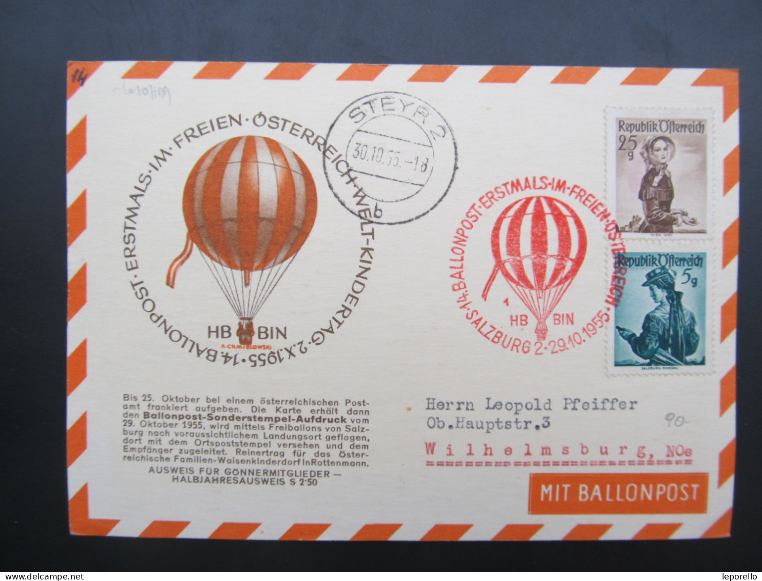 BRIEF  Ballonpost 1955 Steyr   / D*58781 - Balloon Covers